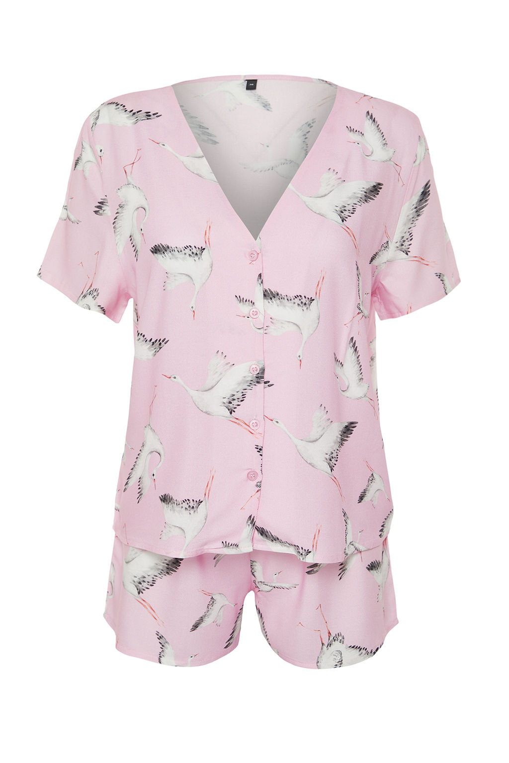 Trendyolmilla Pembe Leylek Desenli Viskon Sortlu Dokuma Pijama Tak?m? THMSS24PT00134