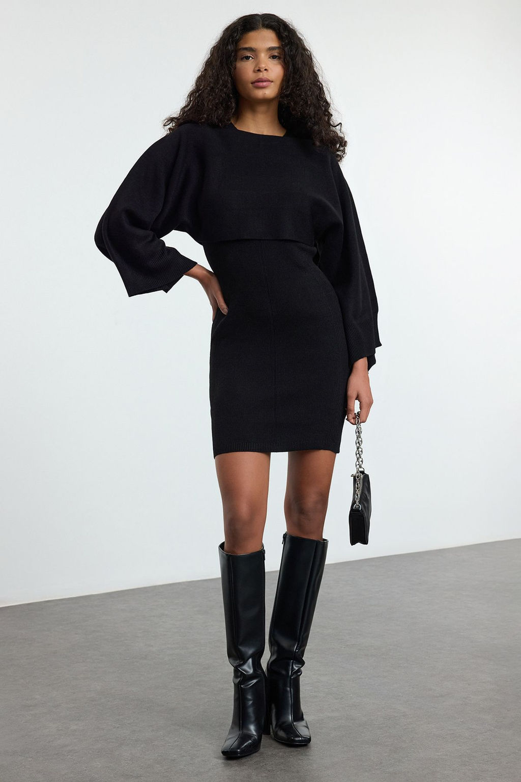 Siyah Mini Triko Bolero-Elbise Tak?m TWOAW25EL00056