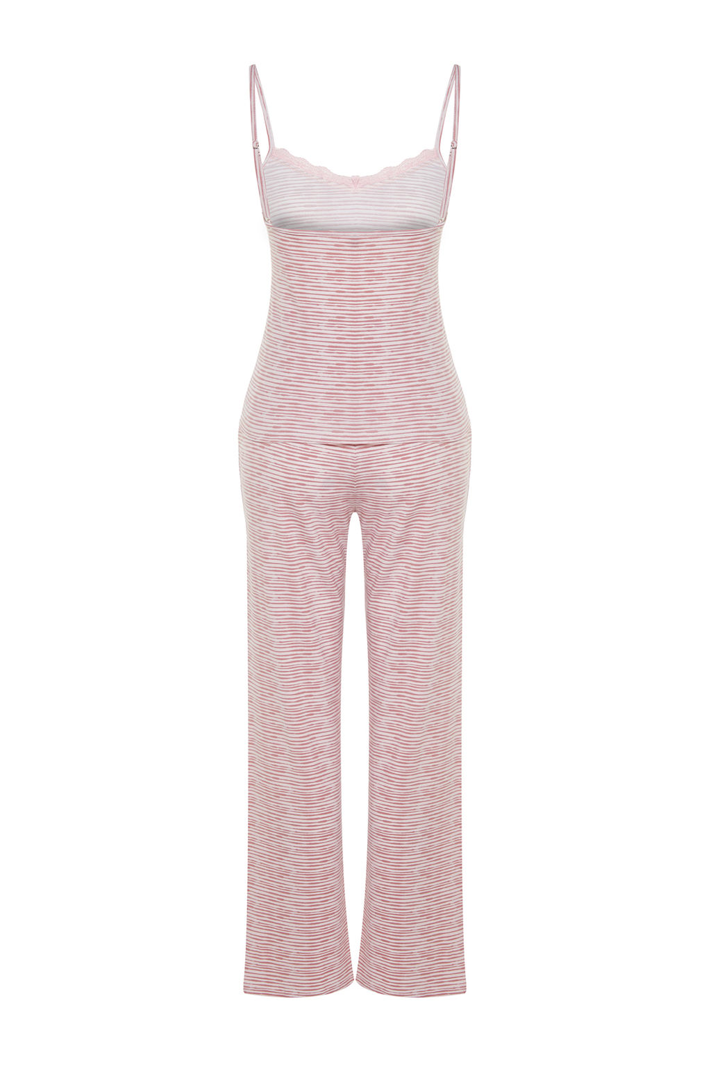 Trendyolmilla Pudra Pamuklu Cizgili Dantelli Ip Ask?l? Orme Pijama Tak?m? THMSS23PT00227 фото 8