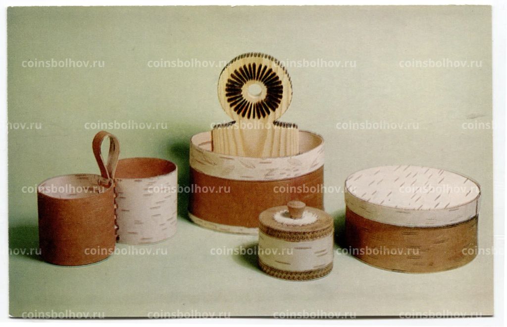 Открытка М.В.Реут Набор для специй.Береста, дерево. Резьба,выжигание