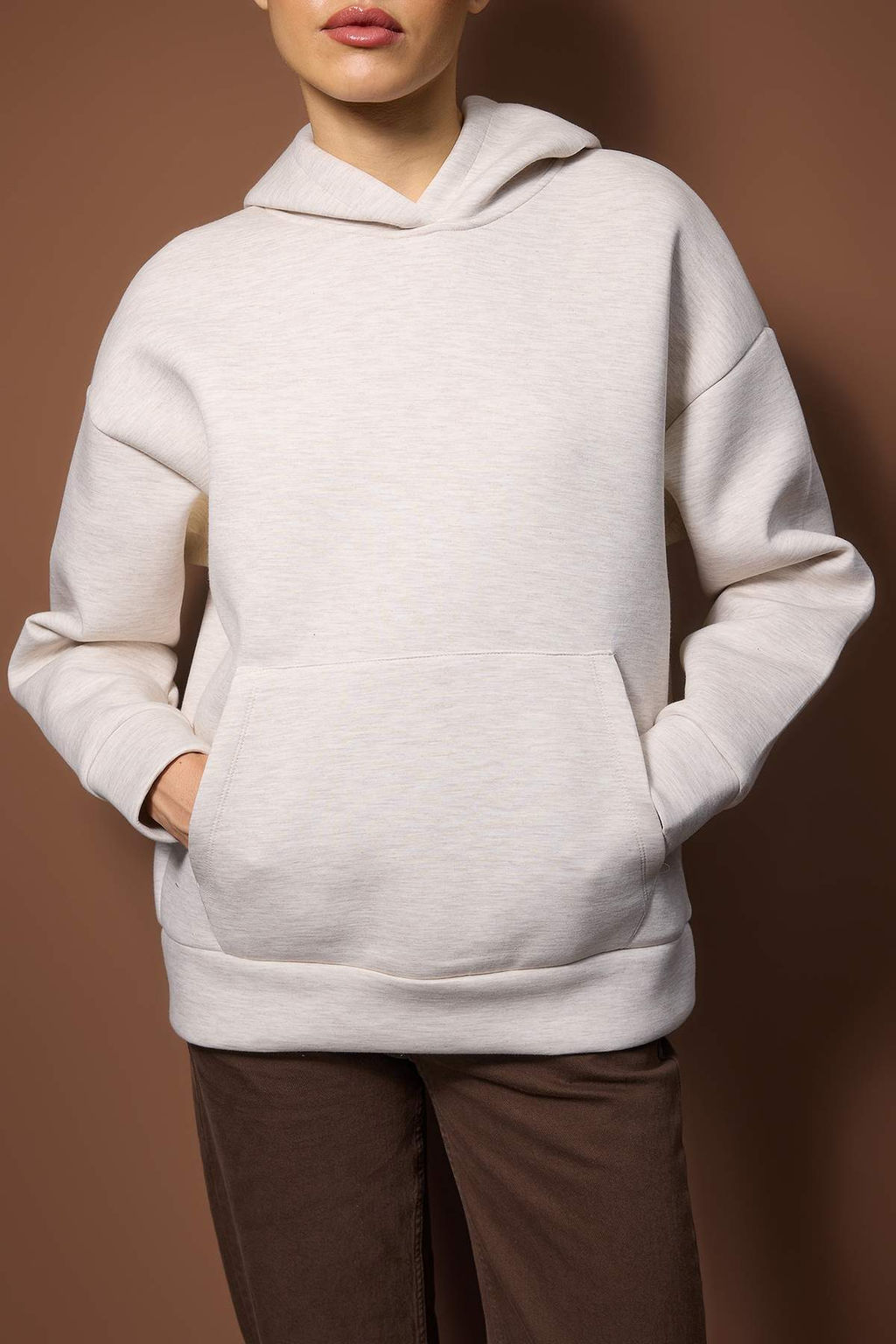 Bej Melanj Premium Oversize/Genis Kal?p Kal?n Esnek Orme Sweatshirt TWOAW26SW00246