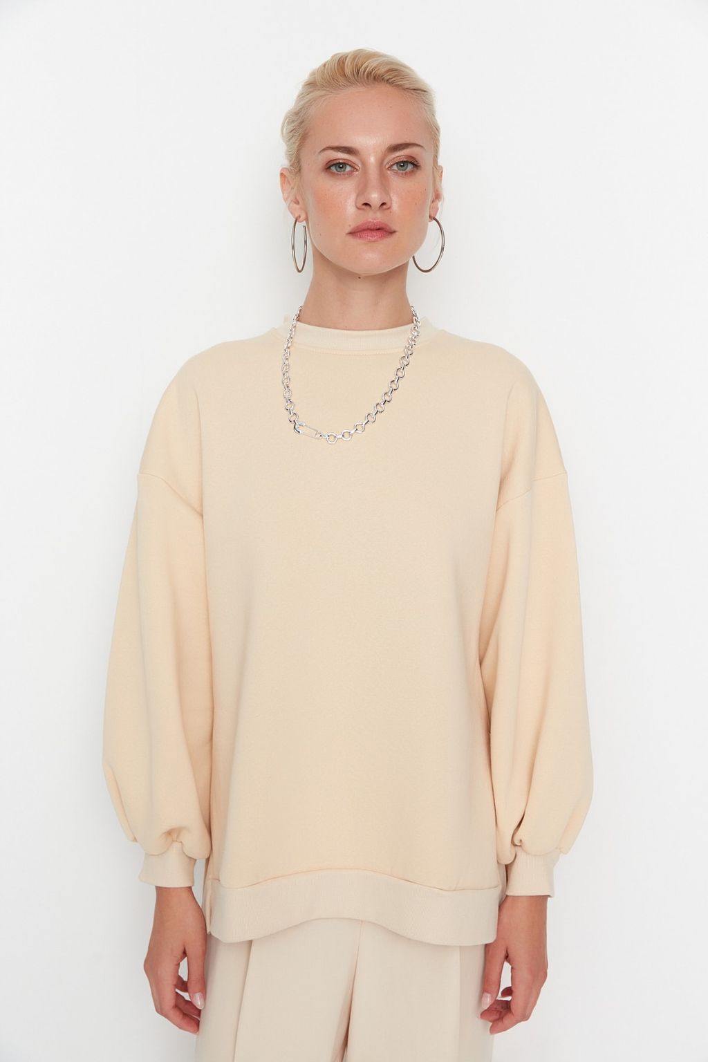 Bej Oversize/Genis Kal?p Y?rtmac Detayl? Kal?n Ici Polarl? Orme Sweatshirt TWOAW23SW00195