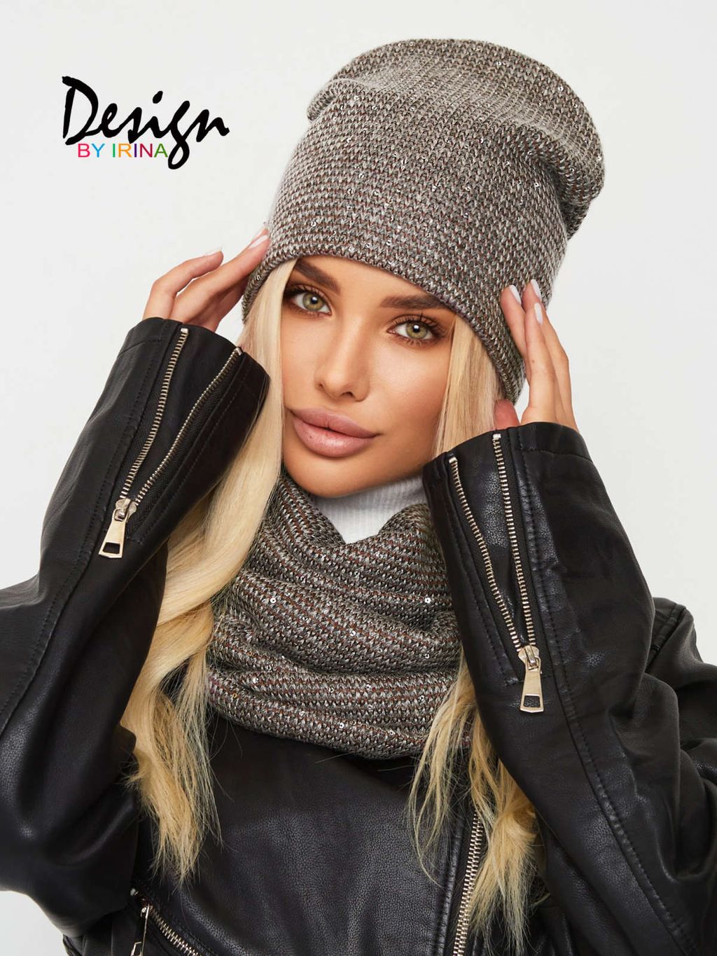 Вязаный (весна/осень) комплект с пайетками(шапка+восьмёрка) «Юлия» (коричневый)