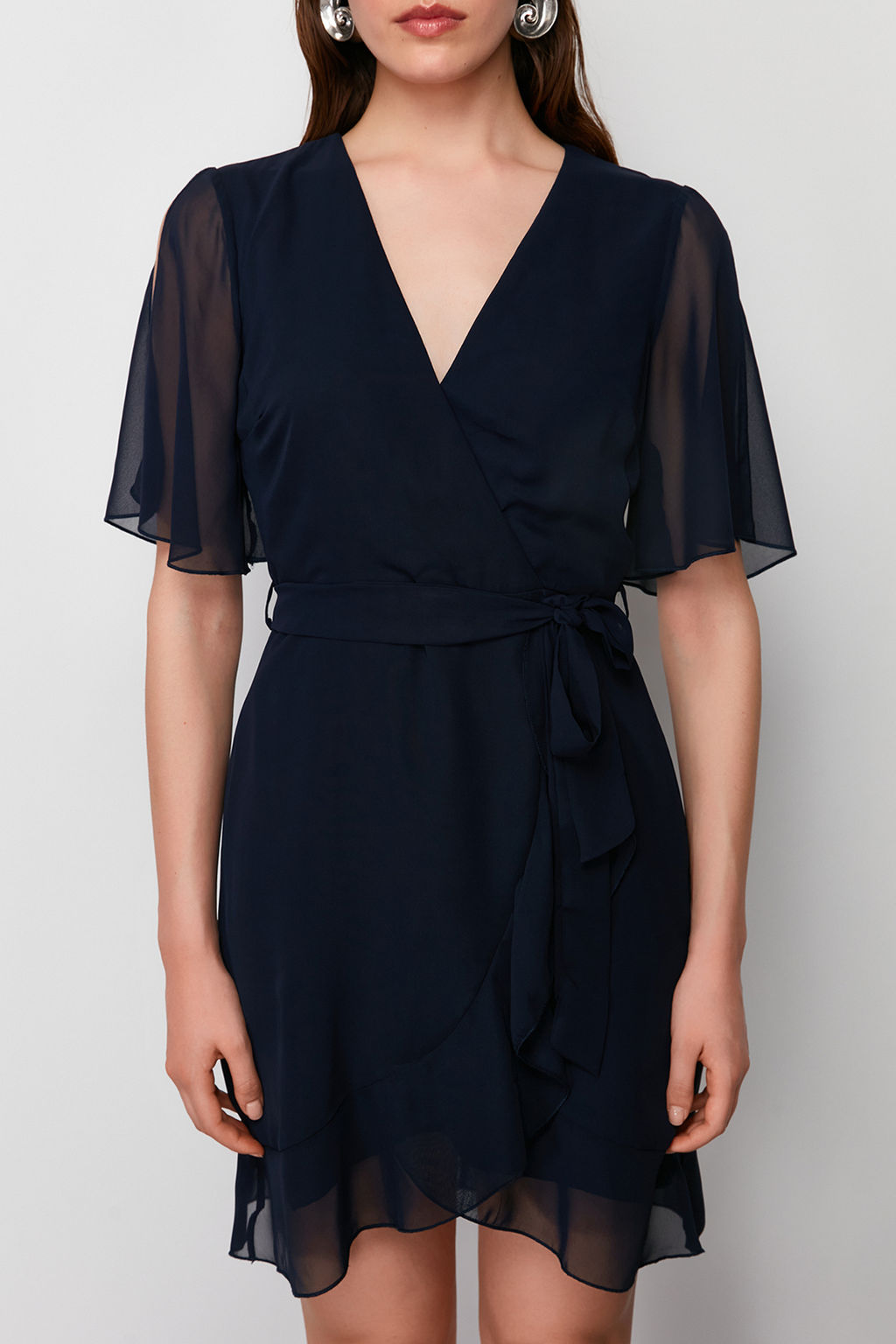 Lacivert Kruvaze Etegi F?rf?r Detayl? Sifon Astarl? Mini Dokuma Elbise TWOSS24EL00742 - Trendyolmilla фото 4