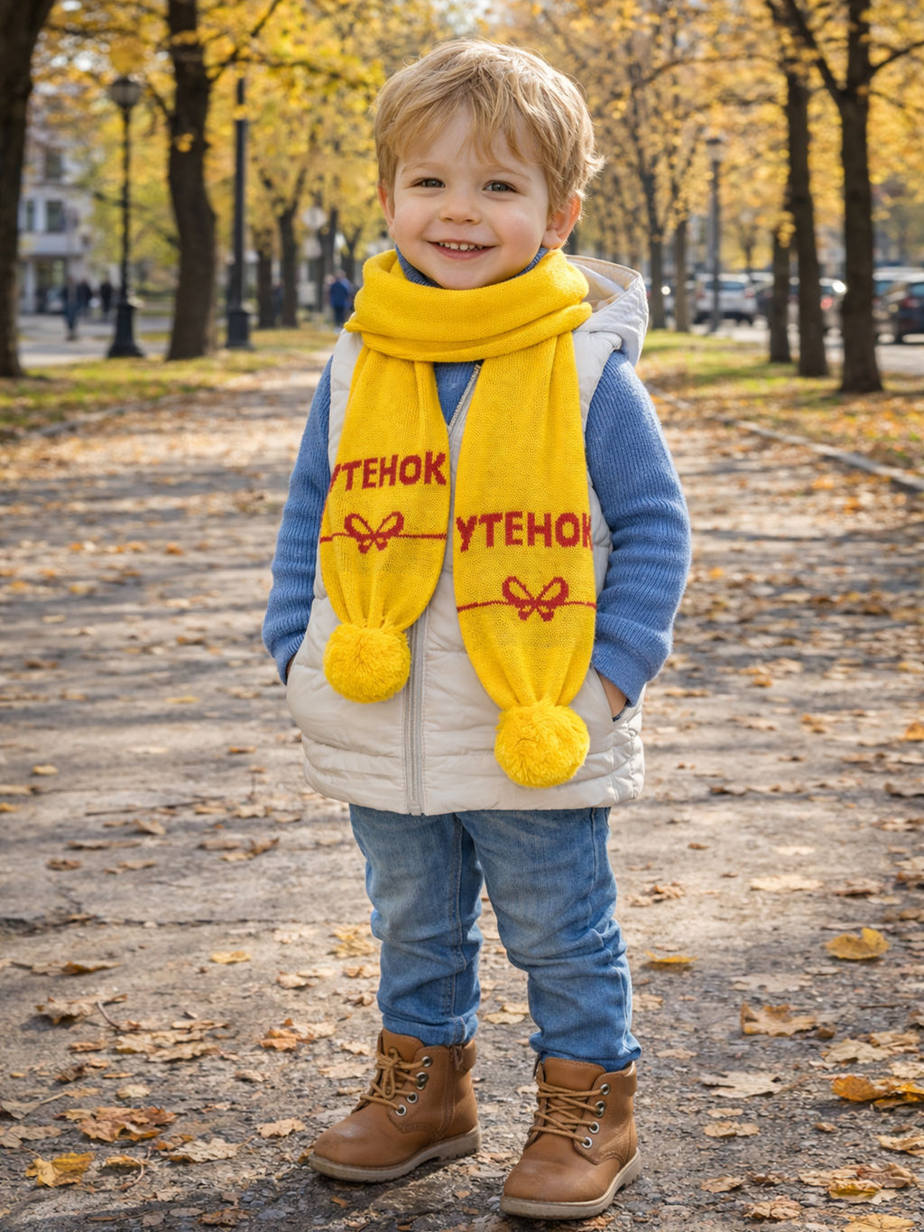 Шарф вязаный  "Утенок " желтый