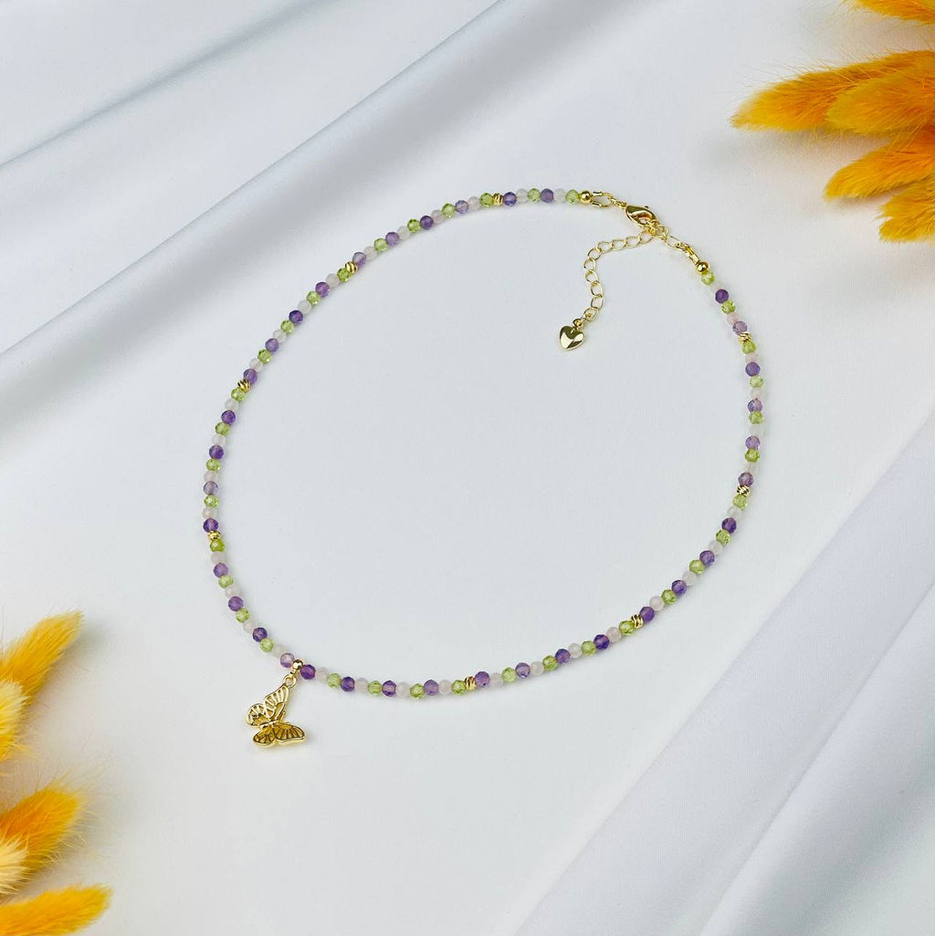 Бусы детские из Аметиста, Хризолита и Розового кварца 36 см +