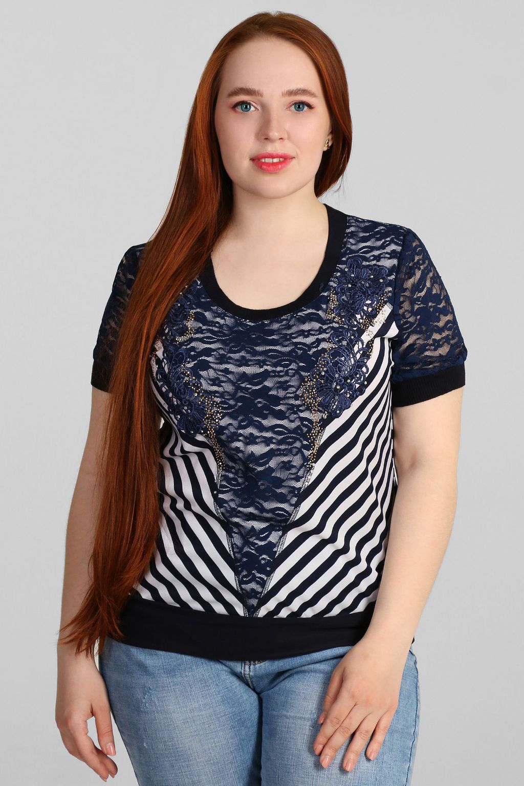 Футболка летняя женская в полоску с синим кружевом