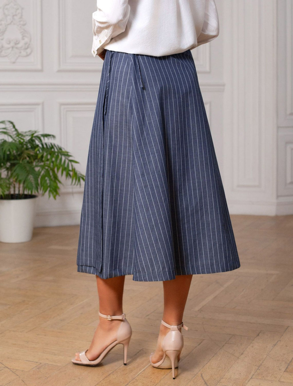 Юбка миди на запАх в полоску из легкого хлопкового поплина - Vilatte фото 3