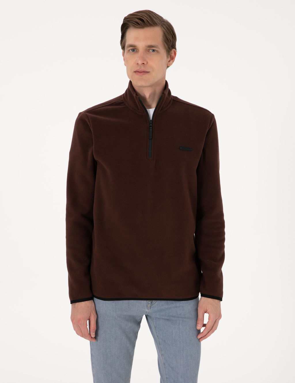 Kahverengi Regular Fit Yar_m Fermuarl_ Polar Sweatshirt