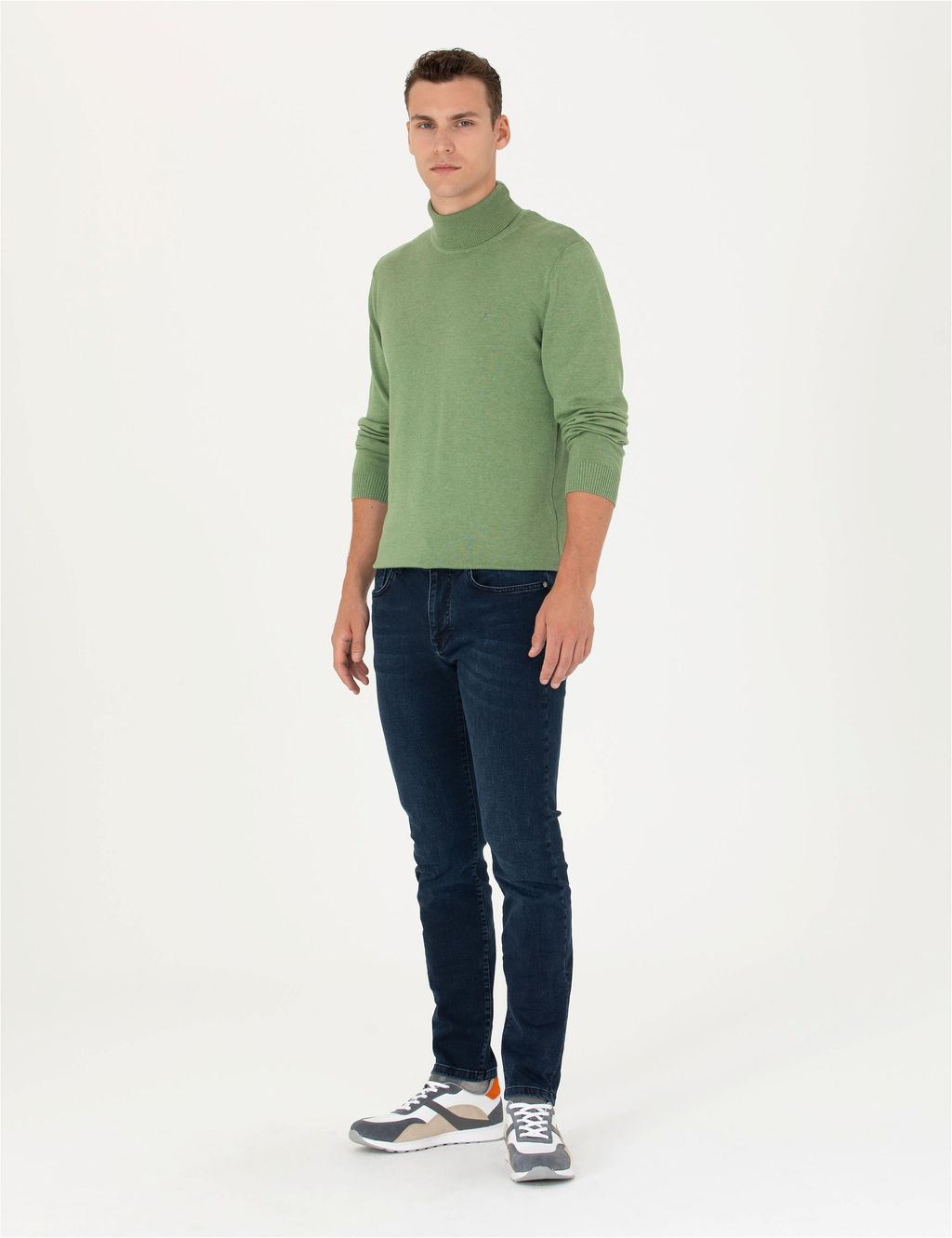Koyu Ye_il Melanj Slim Fit Bal_k__ Yaka Basic Triko Kazak