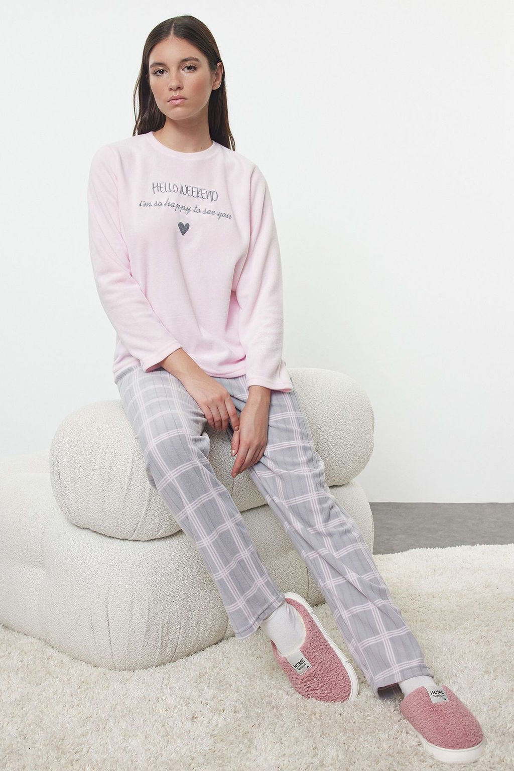 Trendyolmilla Pudra Ekoseli Slogan ve Kalpli Polar K?sl?k Orme Pijama Tak?m? THMAW25PT00124  фото 2