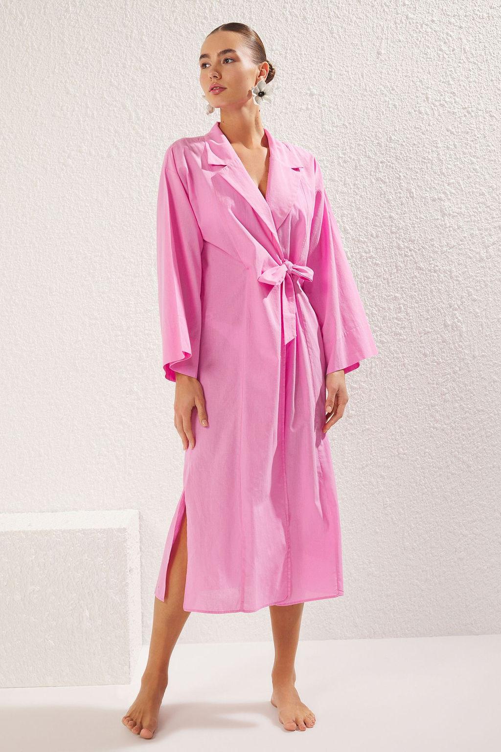 Pembe Maxi Dokuma Kruvaze Baglamal? %100 Pamuklu Plaj Kimono&Kaftan TBESS25KM00004