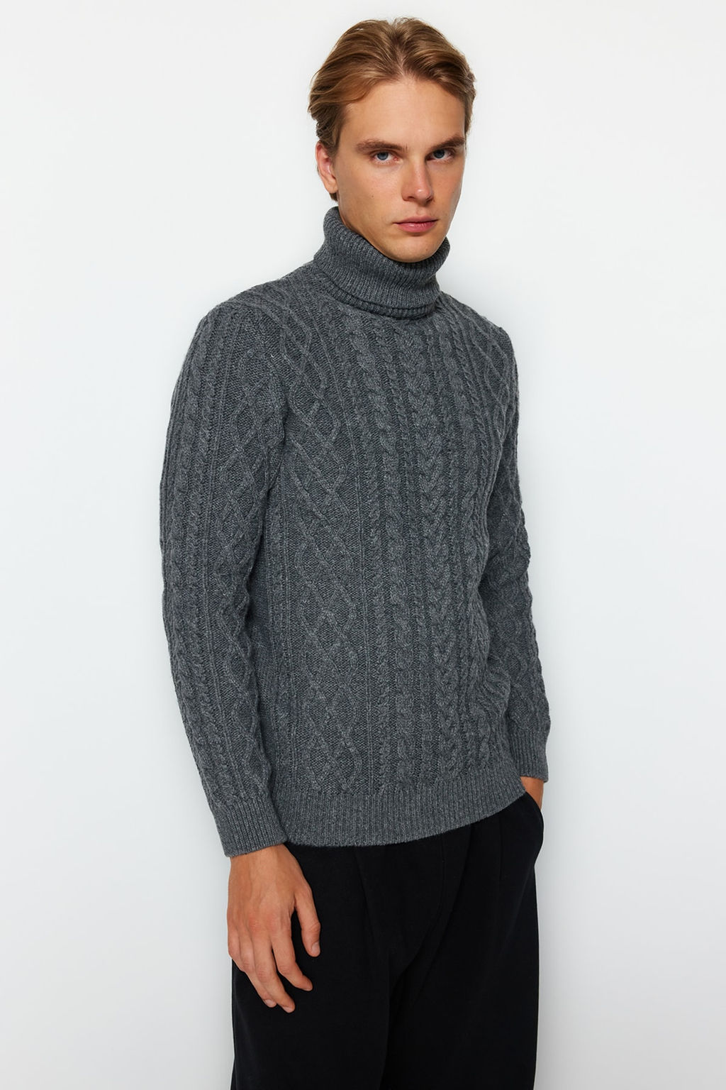 TRENDYOL MAN Vizon Slim Fit Yunlu Bal?kc? Yaka Sac Orgu Triko Kazak TMNAW22KZ0302 - Trendyolmilla фото 33