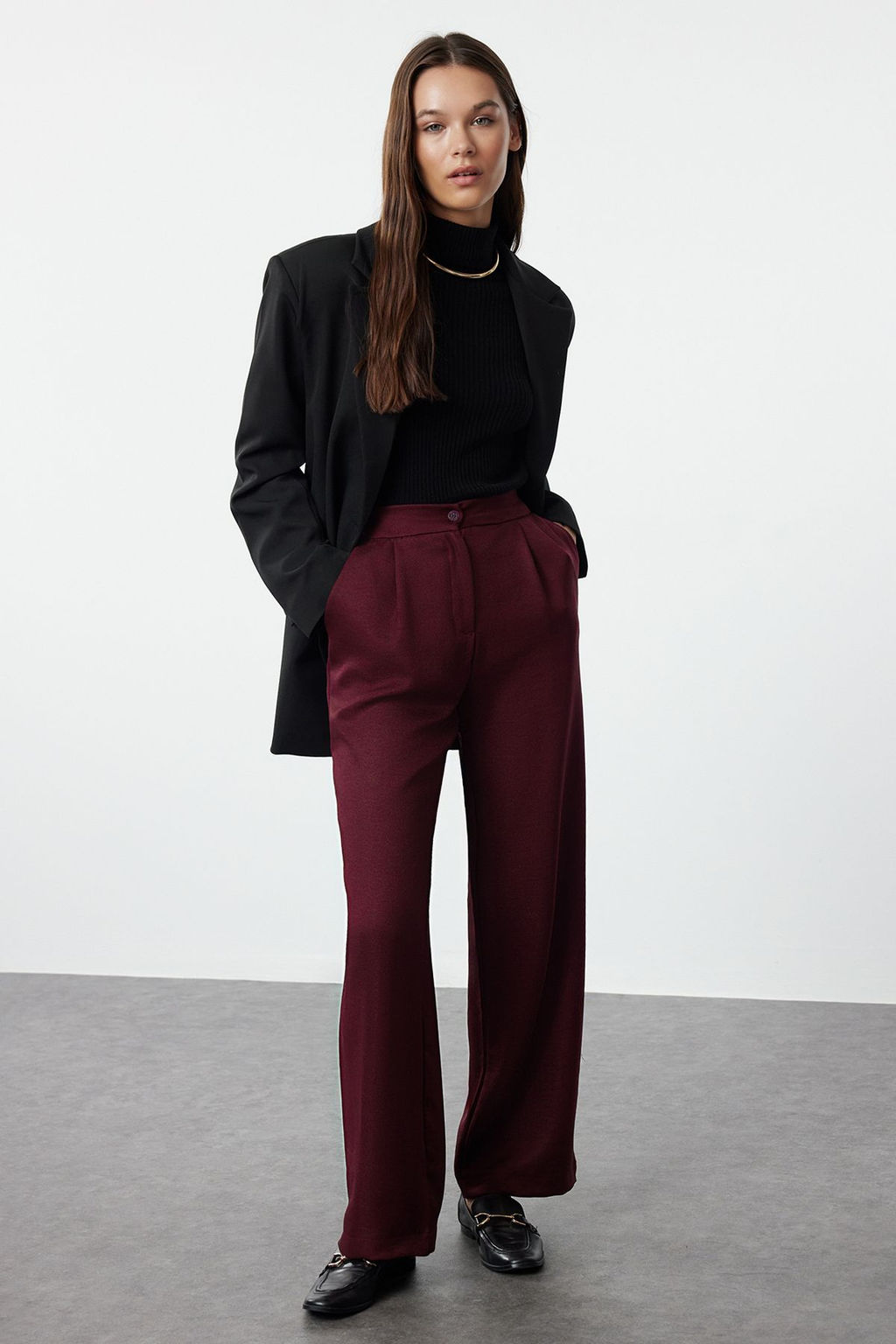 Bordo Straight/Duz Kesim Dokuma Kumas Pantolon TWOAW22PL0321