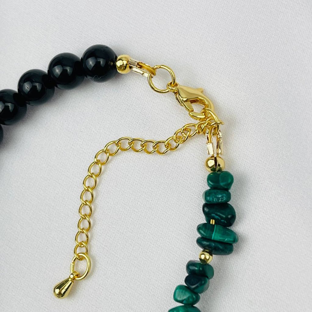 Браслет из черного Турмалина "Шерл",Малахита и Жемчуга 18 см +