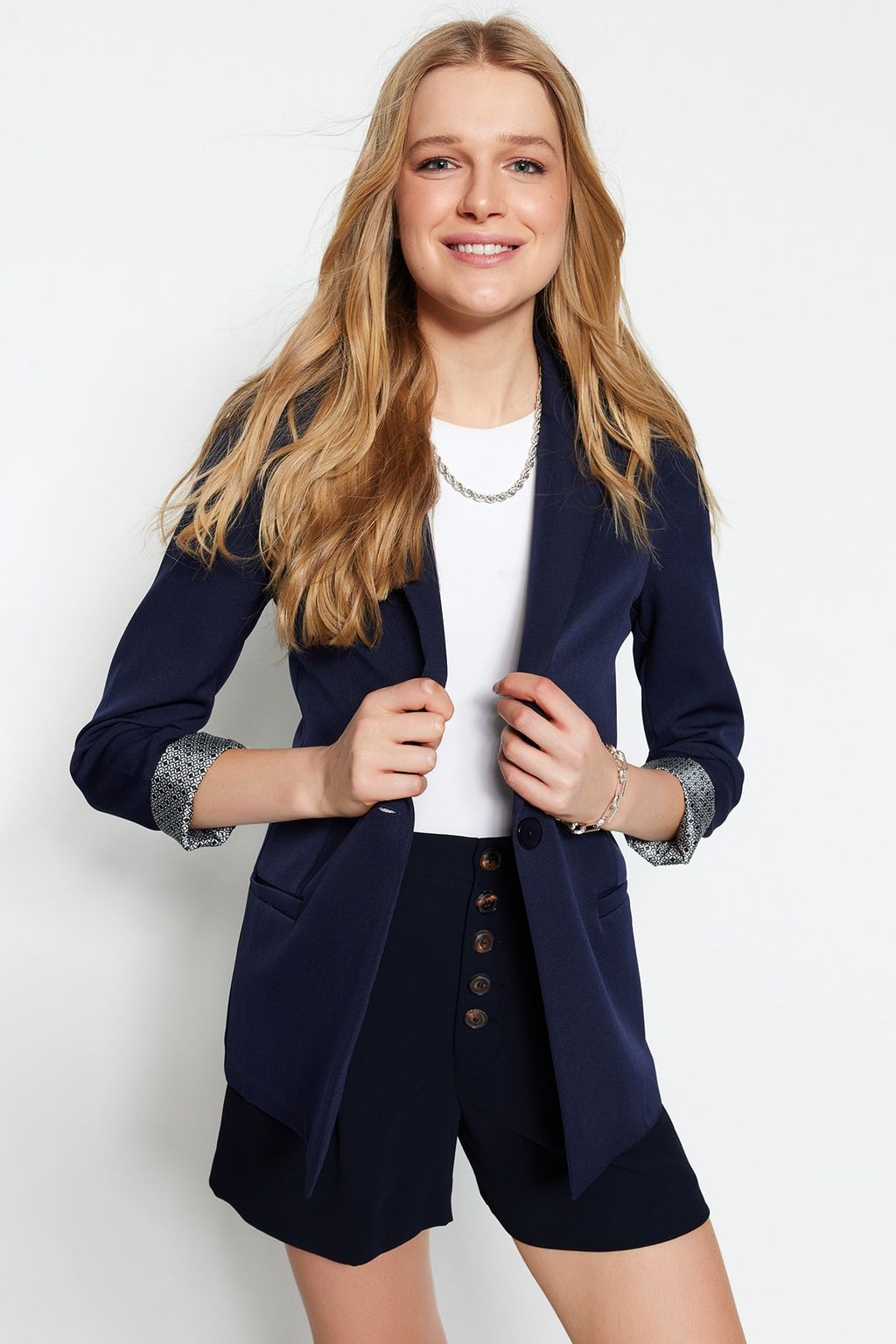 Lacivert Regular Gri Geometrik Desenli Astarl? Tek Dugmeli Cepli Dokuma Blazer Ceket TWOAW20CE0316