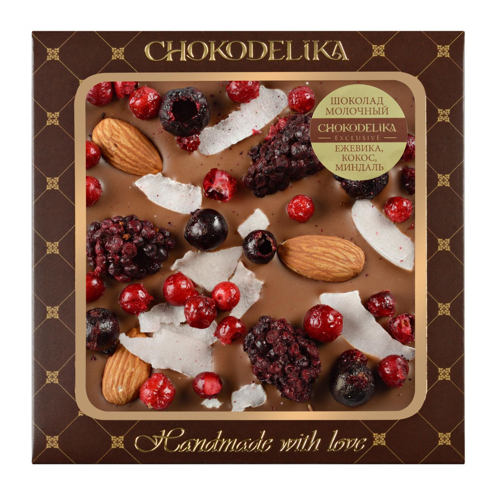 Шоколад молочный с украшением Ежевика, кокос, миндаль 75 гр