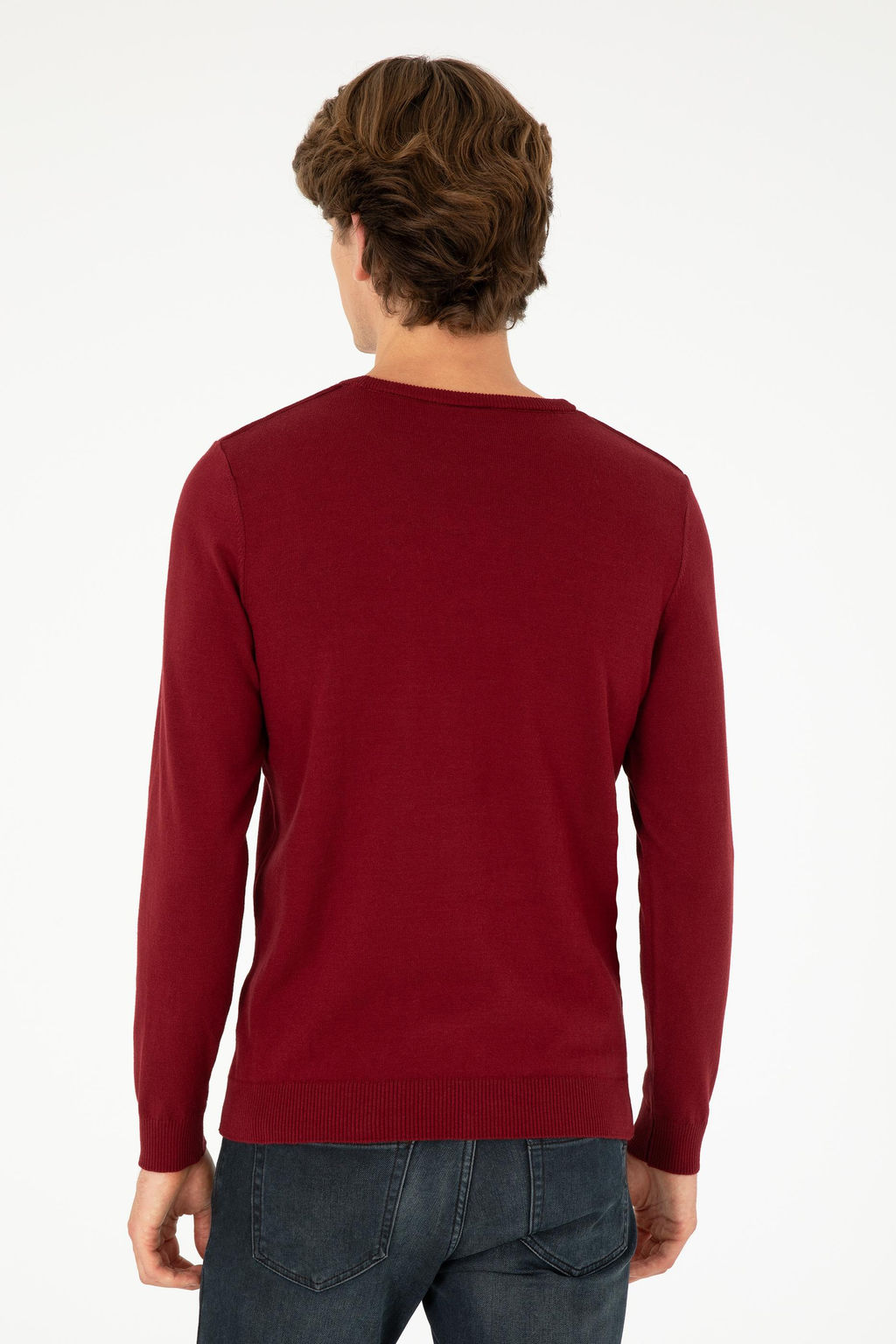 Erkek Slim Fit Bisiklet Yaka Bordo Basic Kazak