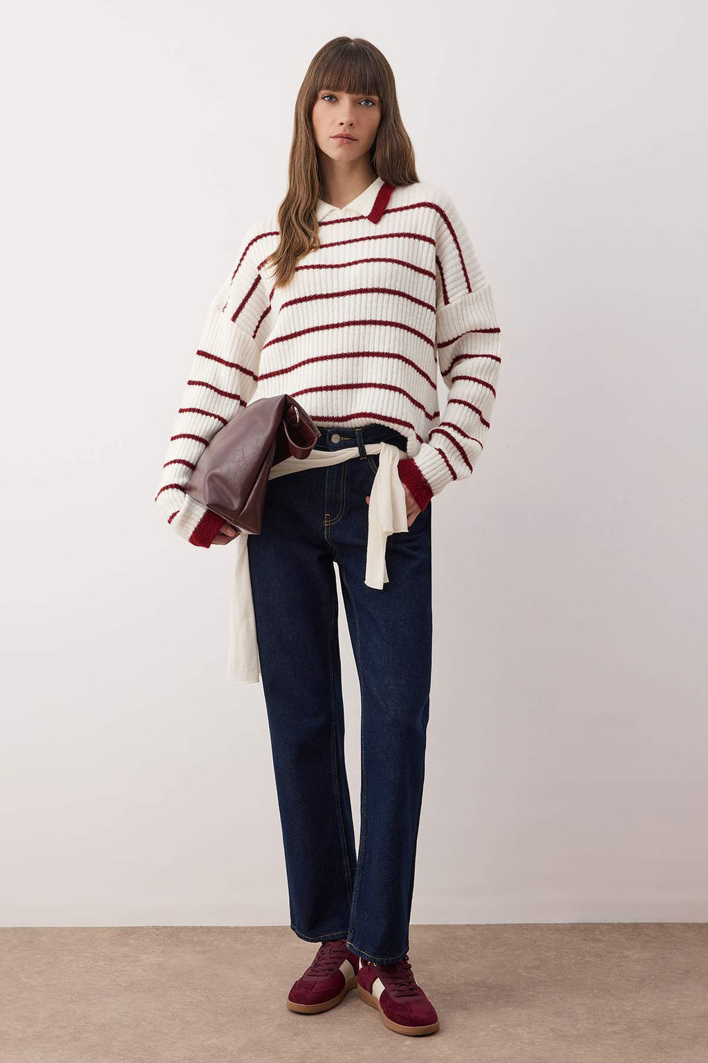 Beyaz Polo Yaka Cizgili Triko Kazak TWOAW26KZ00268 - Trendyolmilla фото 2