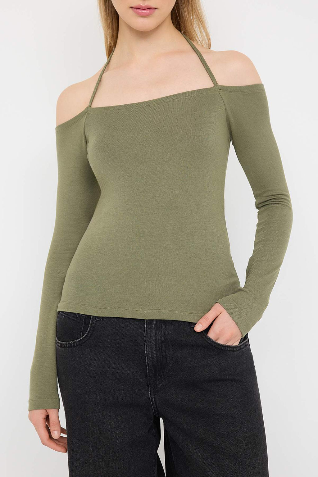 Haki Carmen Yaka Baglama Detayl? Fitted/Vucuda Oturan Orme Bluz TWOAW26BZ00097