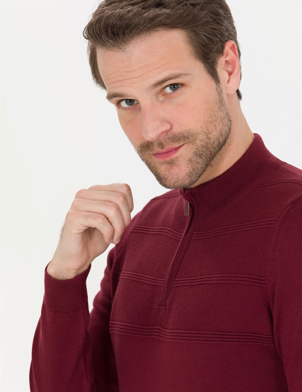 Bordo Slim Fit Yar_m Bal_k__ Yaka Triko Kazak