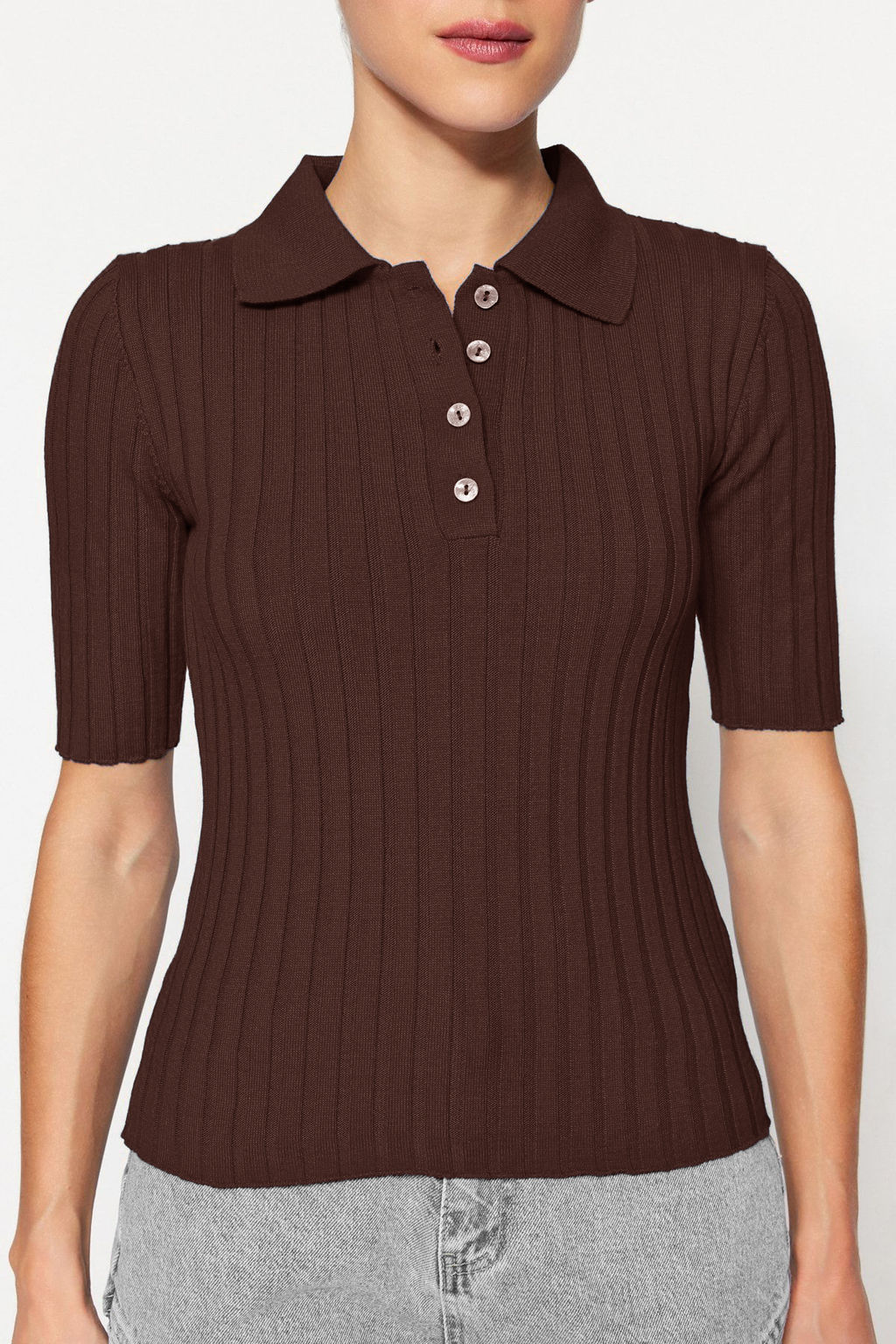 Kahverengi Basic Polo Yaka T-Shirt Gorunumlu Triko Ince Bluz TWOSS20BZ0112