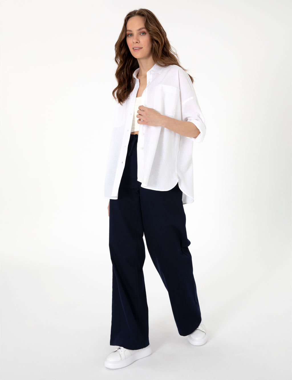 Beyaz Oversize Keten Kar___ml_ Uzun Kollu G_mlek