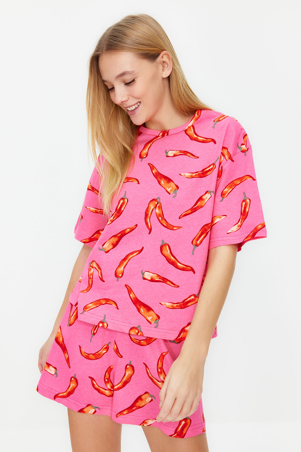 Pembe %100 Pamuklu Eglence Desenli Sortlu Orme Pijama Tak?m? THMSS24PT00002