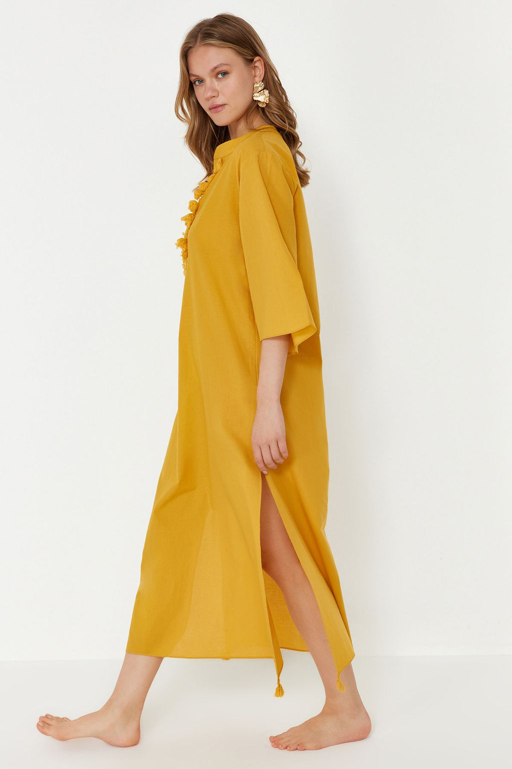 Siyah Cizgili Maxi Dokuma %100 Pamuk Puskullu Plaj Kimono&Kaftan TBESS20KM0024 - Trendyolmilla фото 15