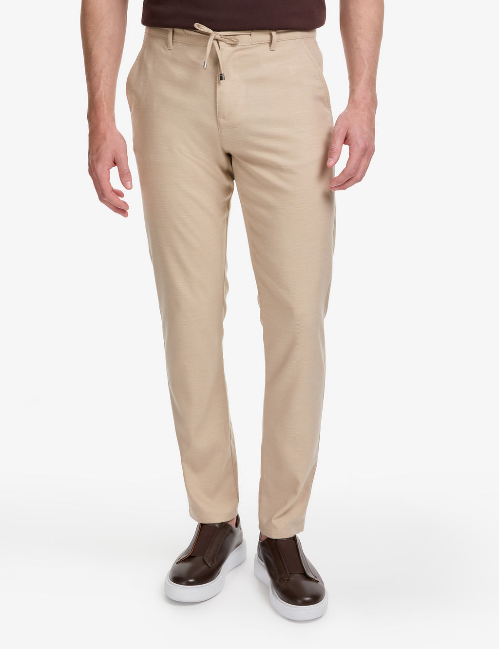 Bej Slim Fit Beli Kordonlu Kanvas Pantolon