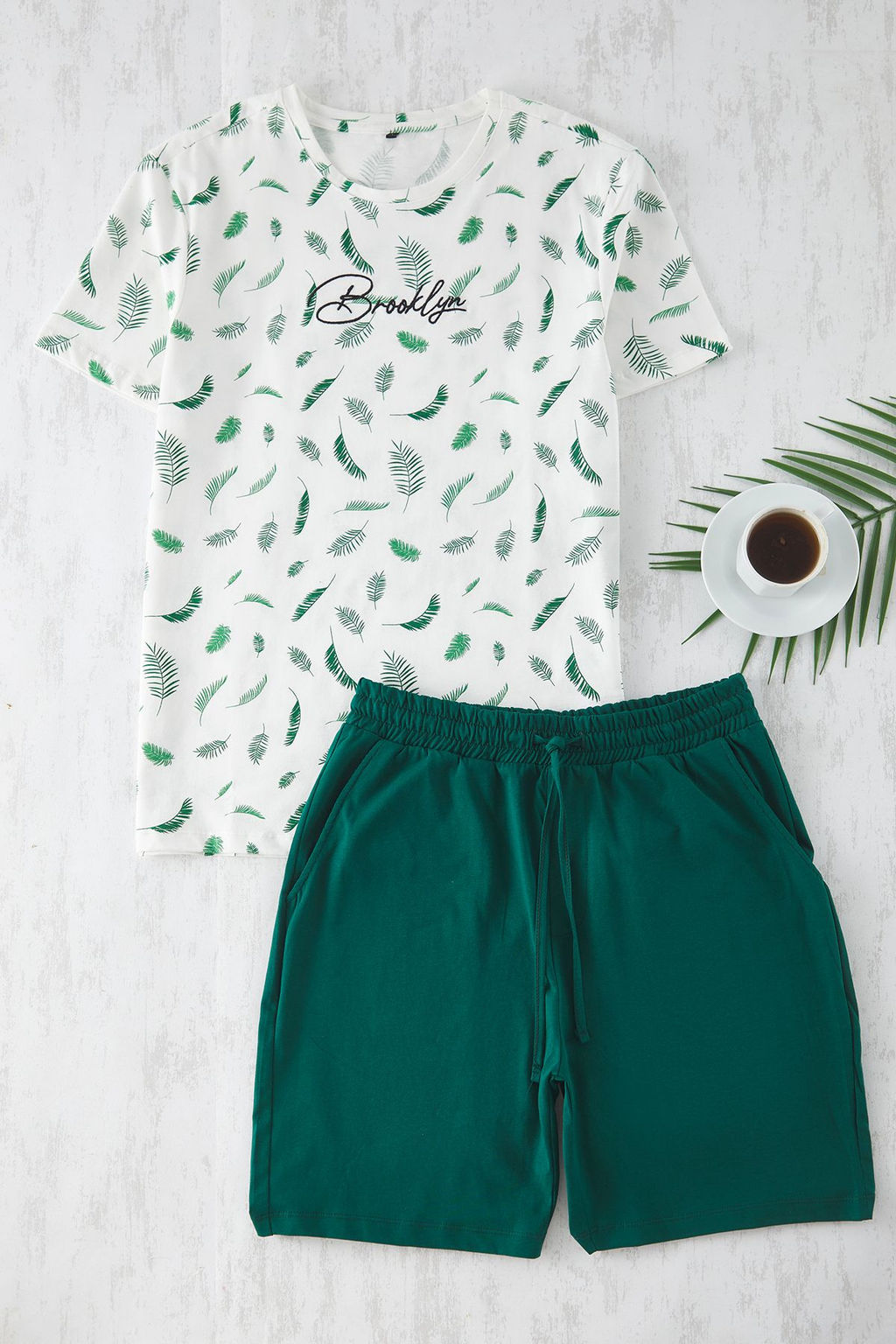 Trendyolmilla Man Ekru - Yesil Slim Fit Orme Nak?sl? Sortlu Pijama Tak?m? TMNSS25PT00006  фото 2