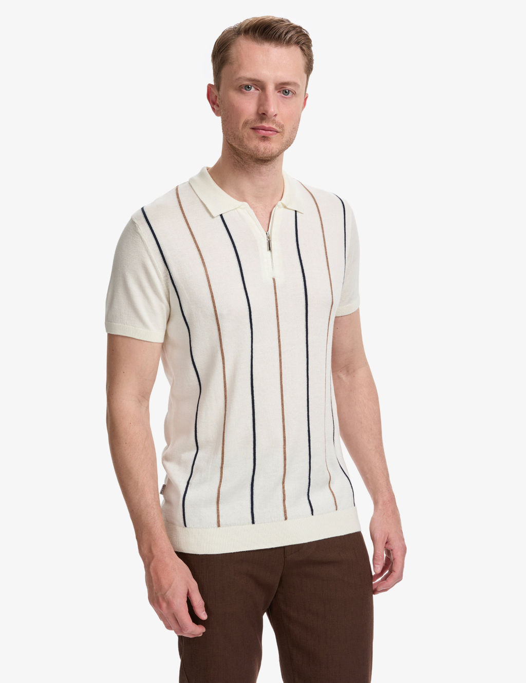 Ekru Slim Fit Polo Yaka Fermuarl_ Triko Ti__rt