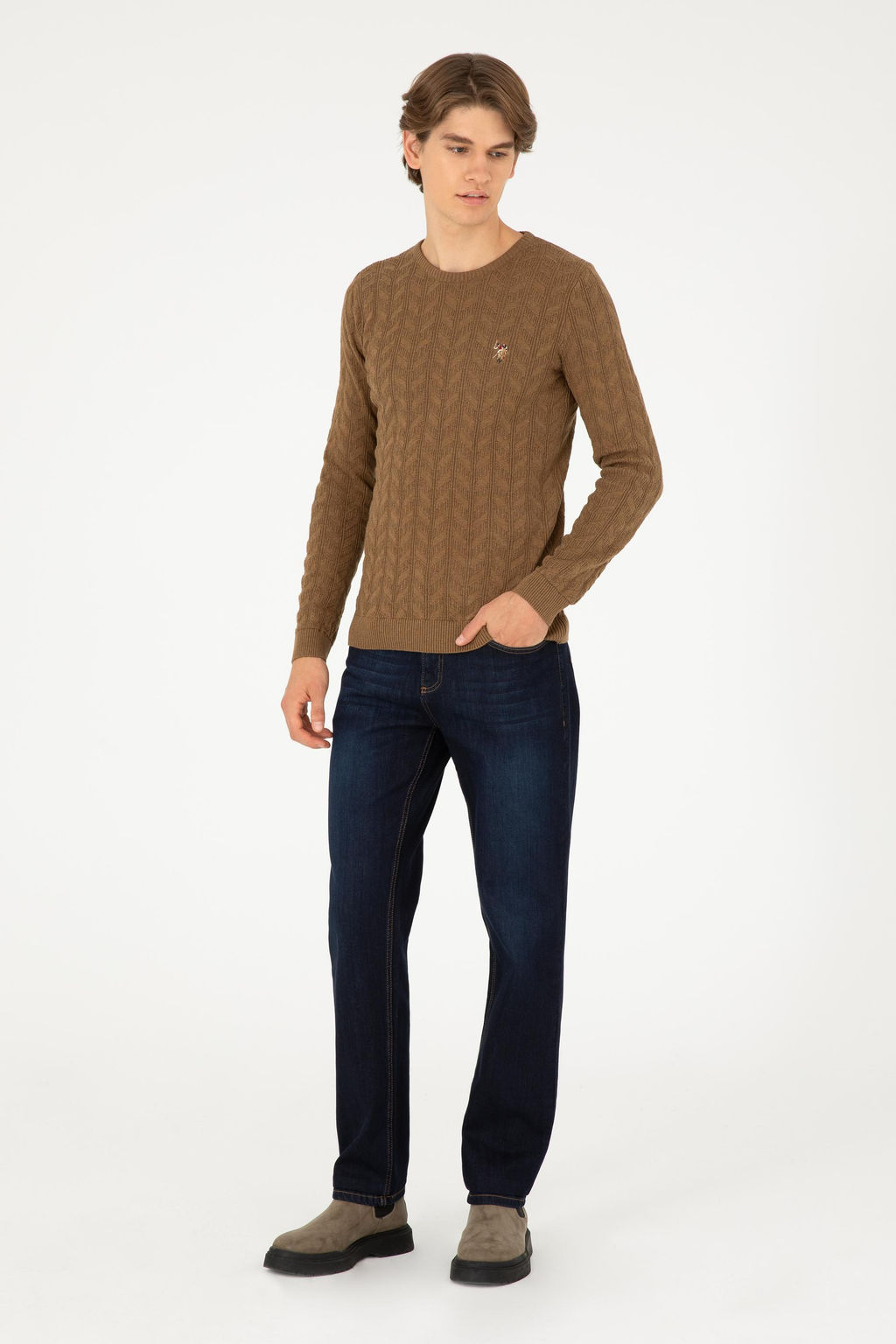 Erkek Slim Fit Bisiklet Yaka Haki Melanj Basic Kazak