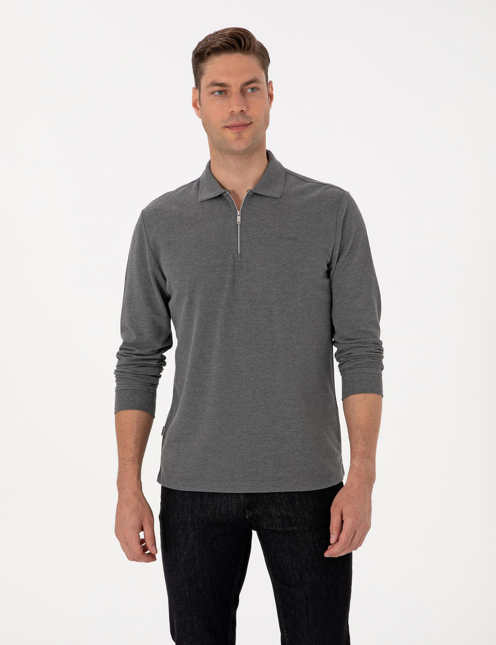Antrasit Melanj Slim Fit K_vr_lmaz Fermuarl_ Polo Yaka Basic Pike Sweatshirt