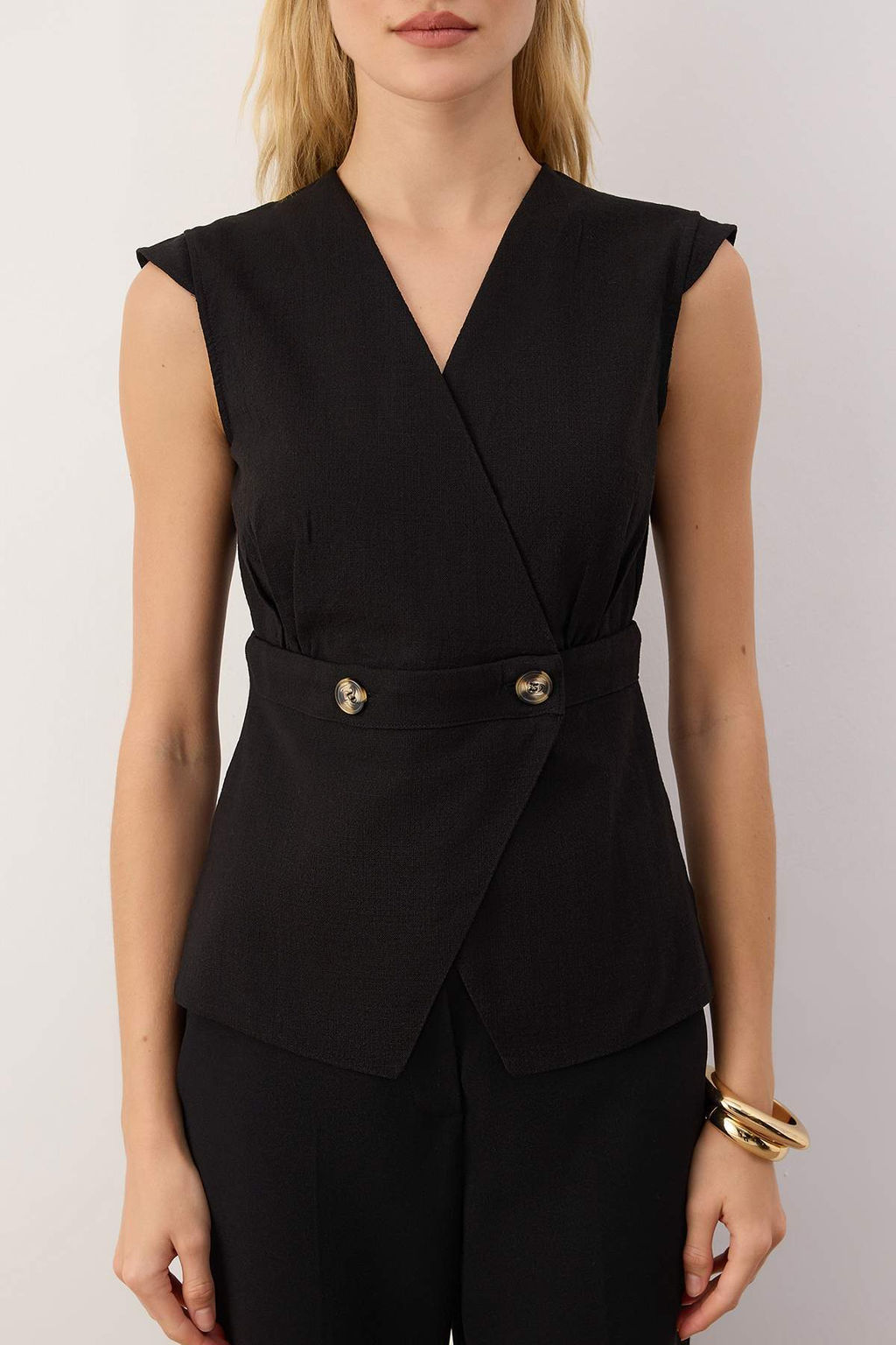 Siyah Kemik Dugme Detayl? Kruvaze Dokuma Bluz TWOSS20BZ0707