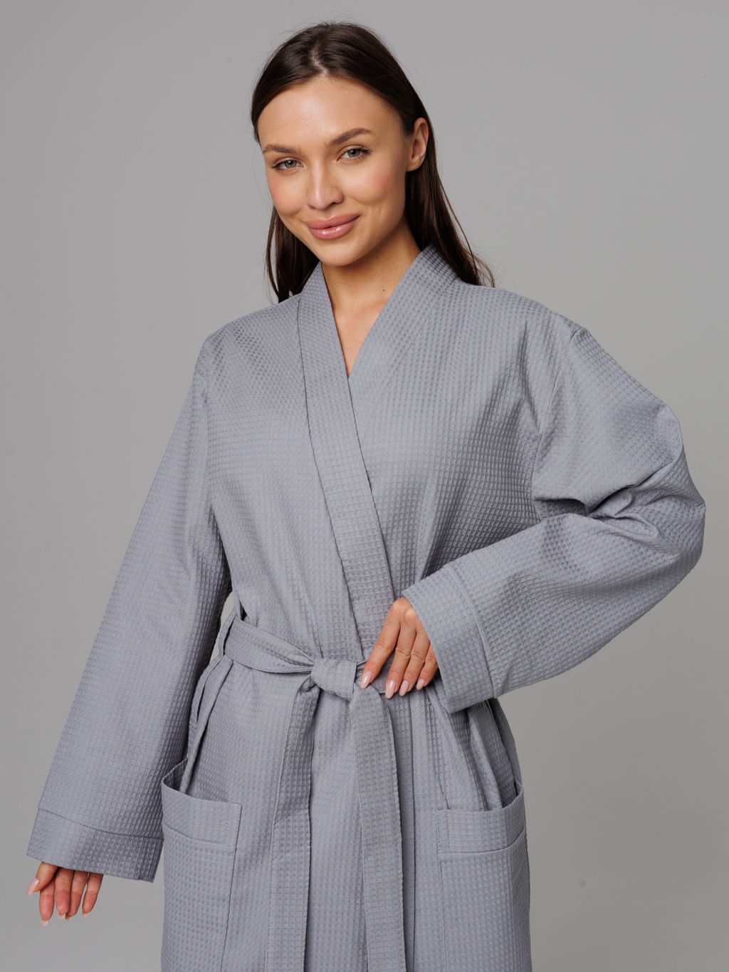 Женский вафельный халат с планкой серый В-02 (20)