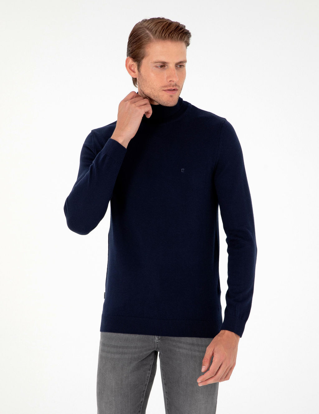 Lacivert Slim Fit Bal_k__ Yaka Basic Triko Kazak