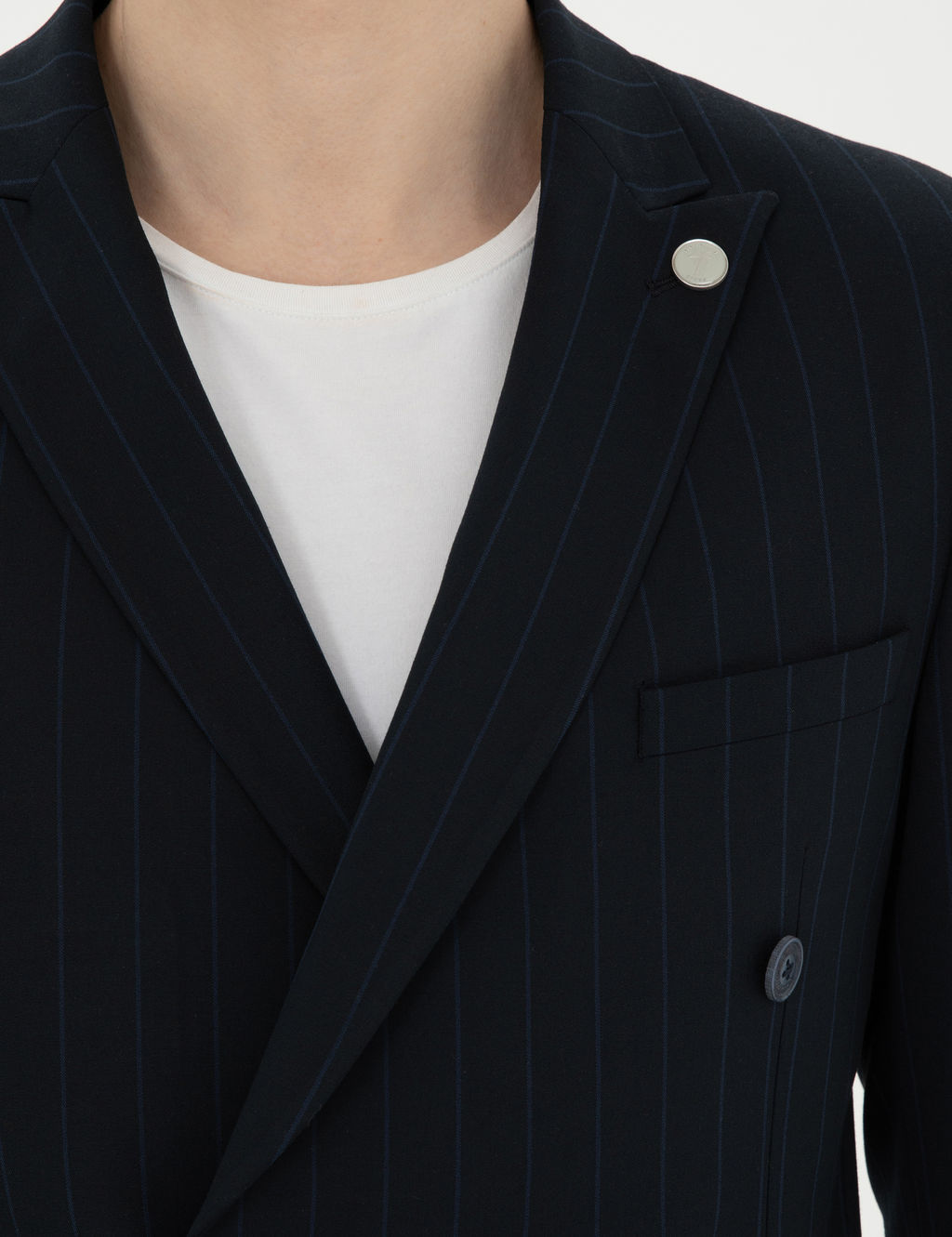 Lacivert Ekstra Slim Fit _izgili Kruvaze Tak_m Elbise