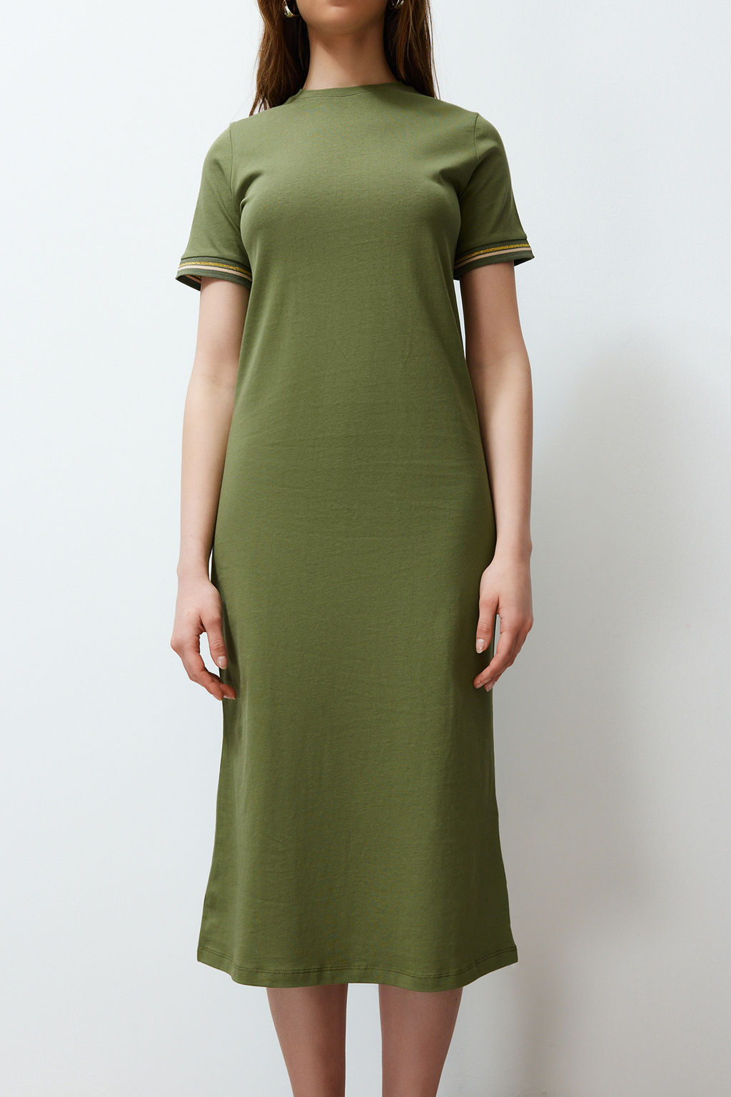 TRENDYOLMILLA Lacivert Triko Bant Detayl? Bisiklet Yaka K?sa Kol Esnek Midi Orme Maxi Elbise TWOSS24EL00121  фото 16