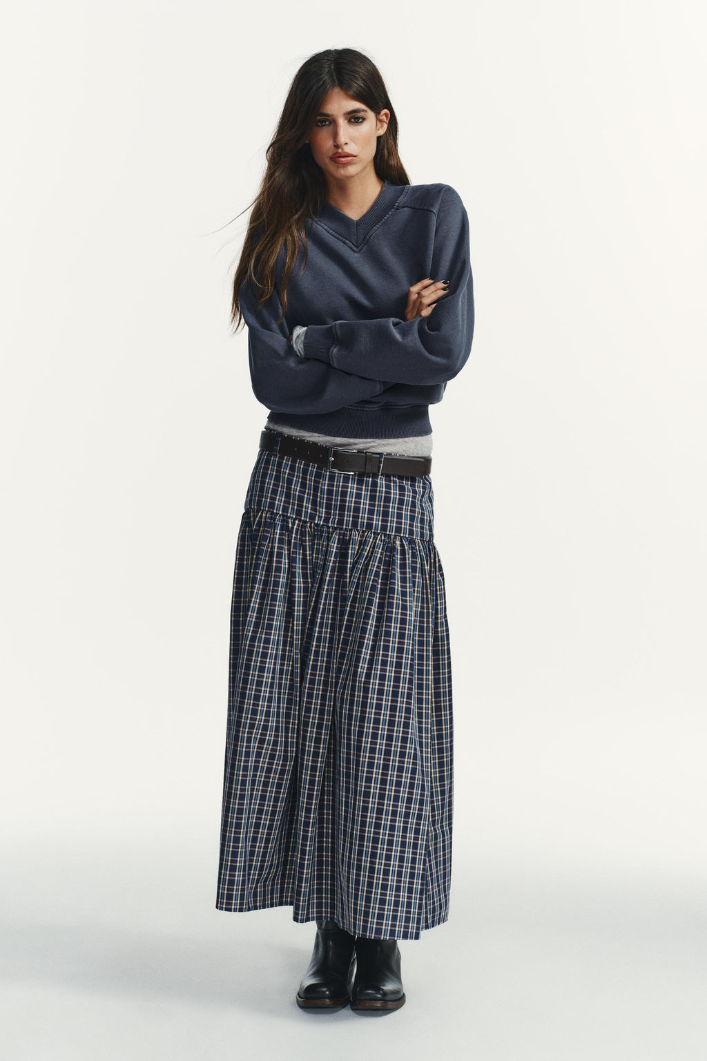 CHECKED MIDI SKIRT WITH BELT