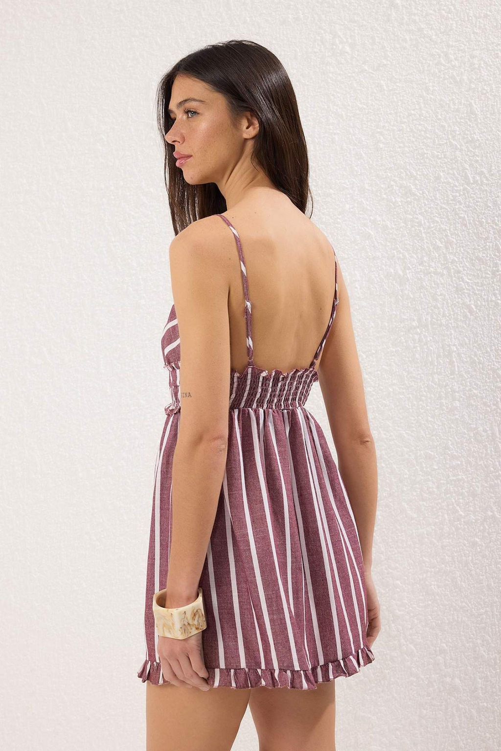Bordo Cizgili Dokuma F?rf?rl? Plaj Mini Elbise TBESS25EL00148 - Trendyolmilla фото 4