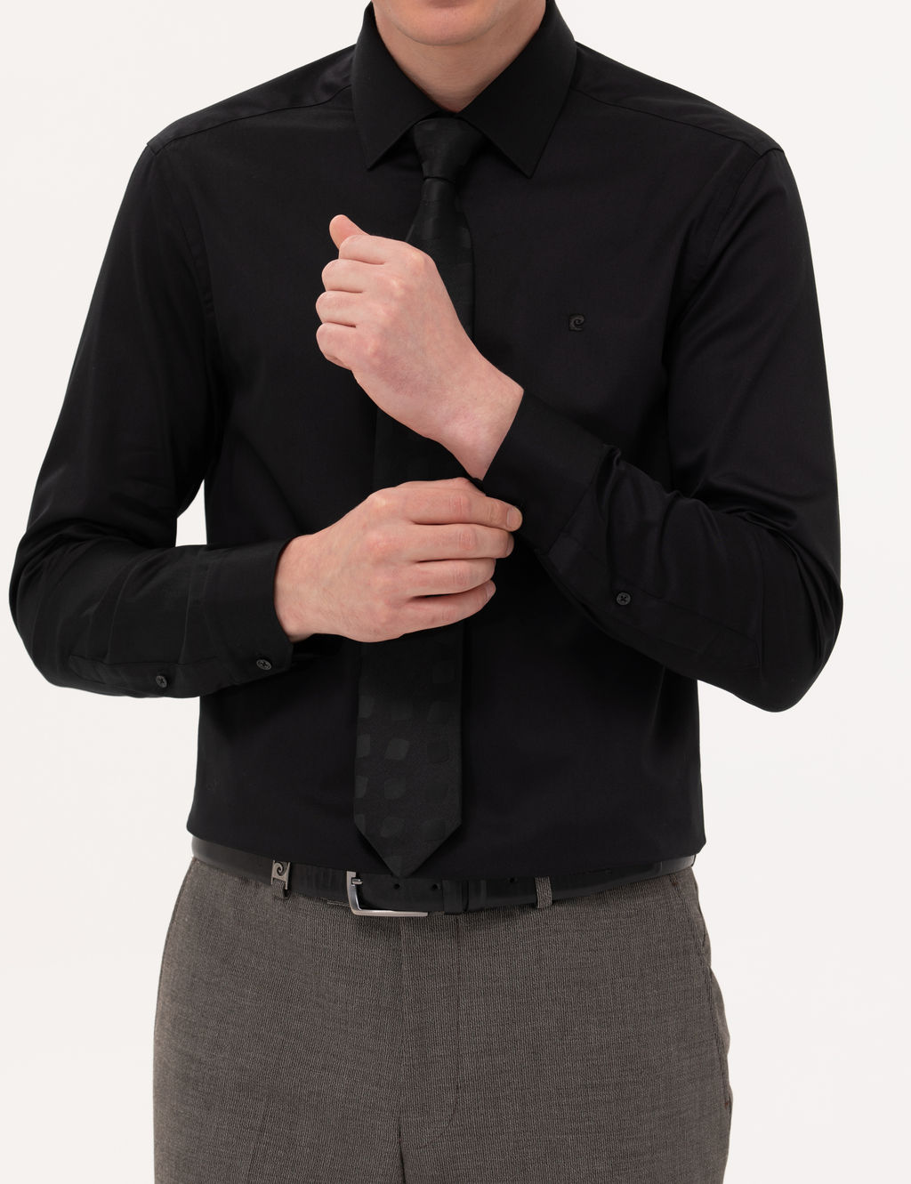 Siyah %100 Pamuk Parlak Saten Slim Fit Uzun Kollu Basic G_mlek