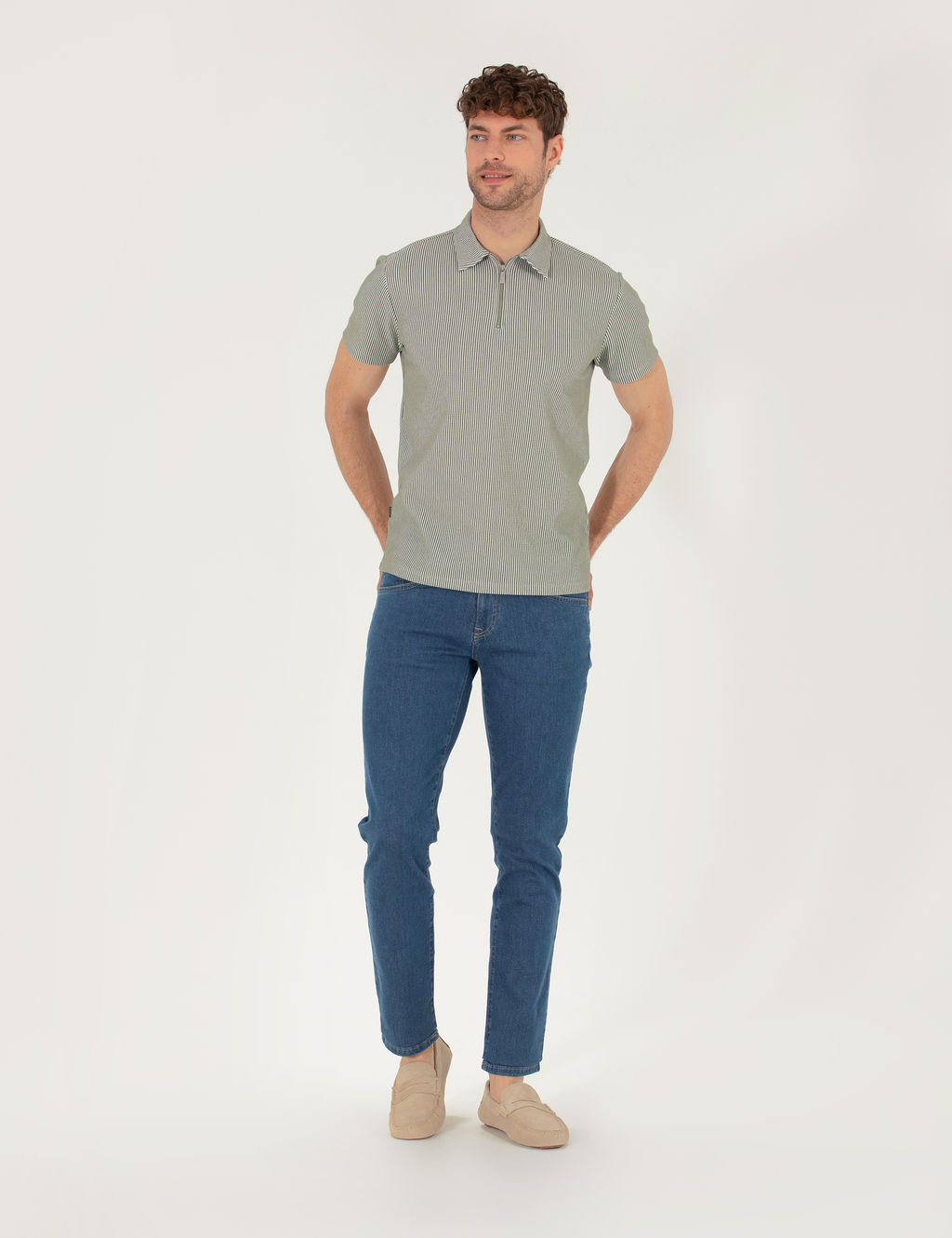 Haki Slim Fit Fermuarl_ Polo Yaka Ti__rt