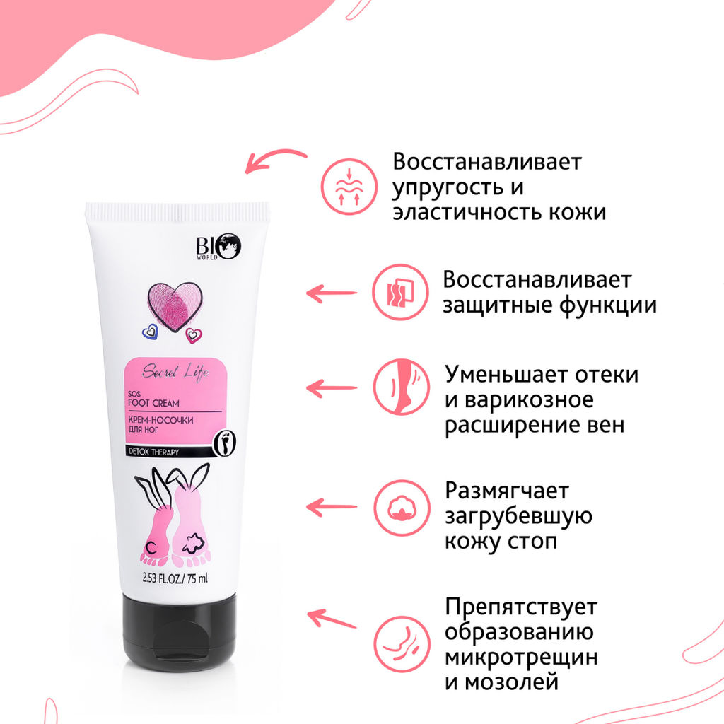 Bio World Secret Life Крем-носочки для ног, 75мл