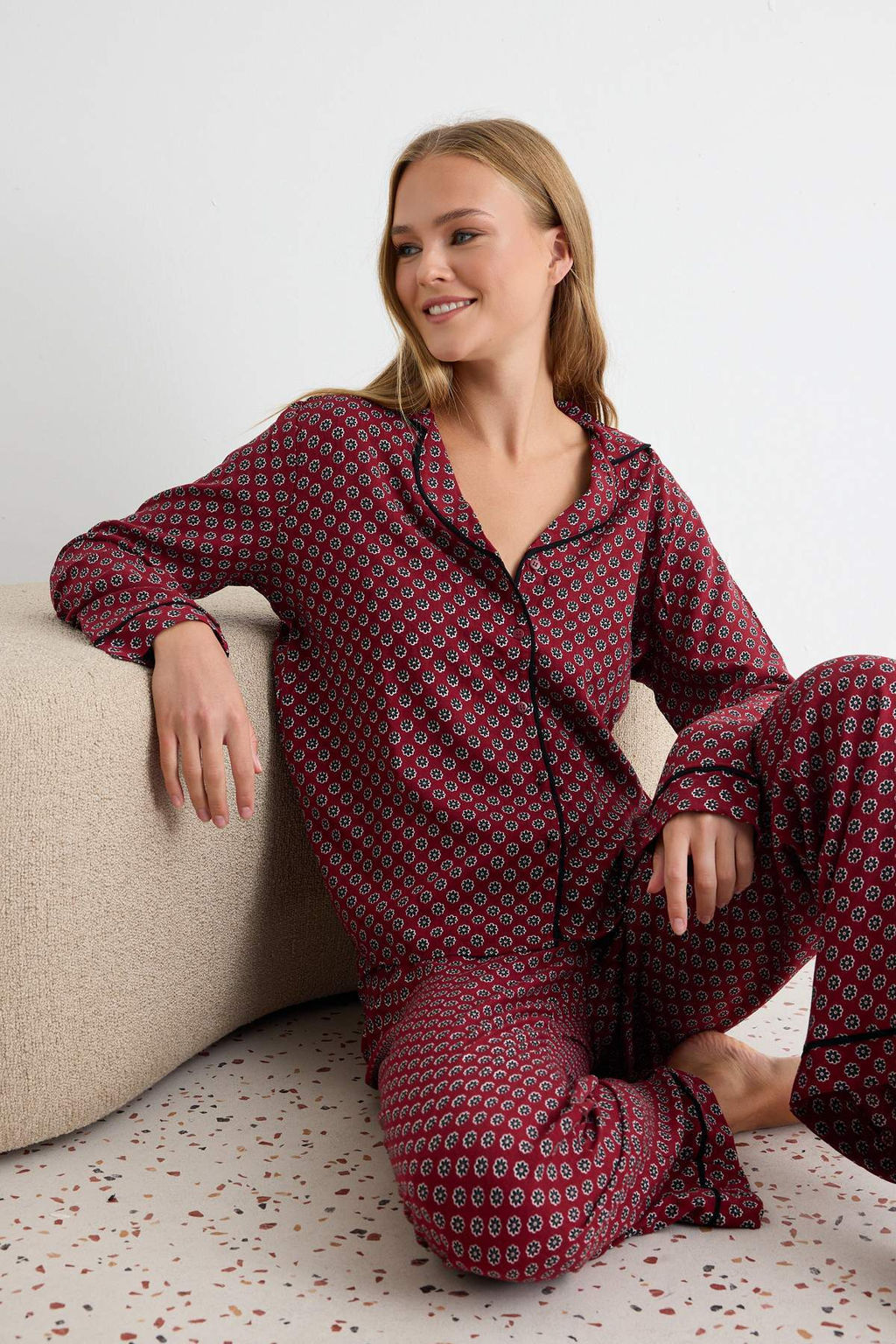 Bordo _i_ekli Biye Detayl_ Dokuma Pijama Tak_m_ THMAW27PT00047