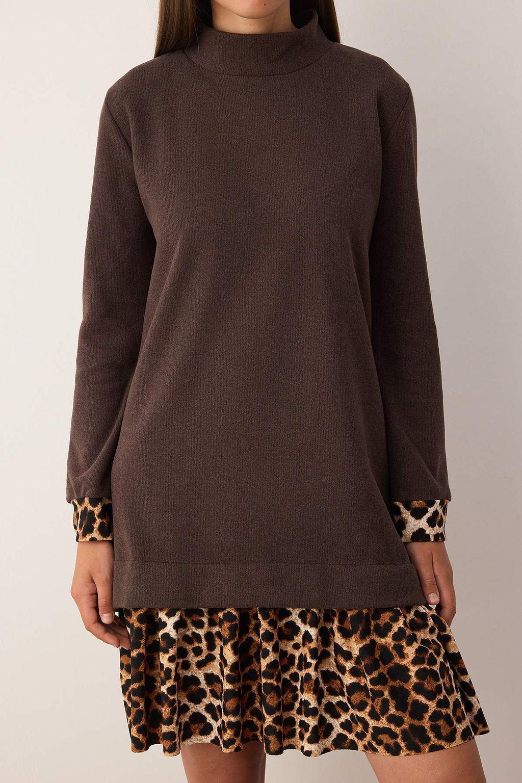 Kahverengi Selanik Dik Yaka Leopar Desenli Mini Orme Elbise TWOAW25EL00282