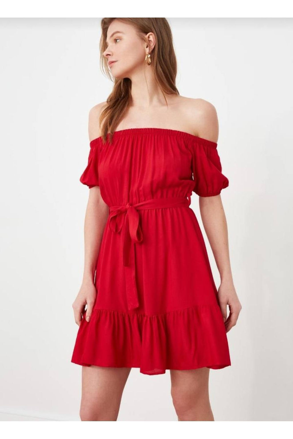 K?rm?z? Kusakl? Carmen Yaka A Kesim Mini Dokuma Elbise TWOSS20EL2135 - Trendyolmilla фото 4