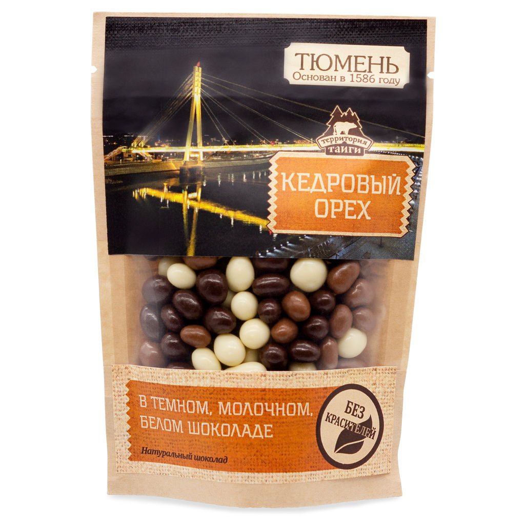 Драже Кедровый орех в темном/молочном/белом шоколаде (ассорти) крафт-пакет 100г Серия "Города"