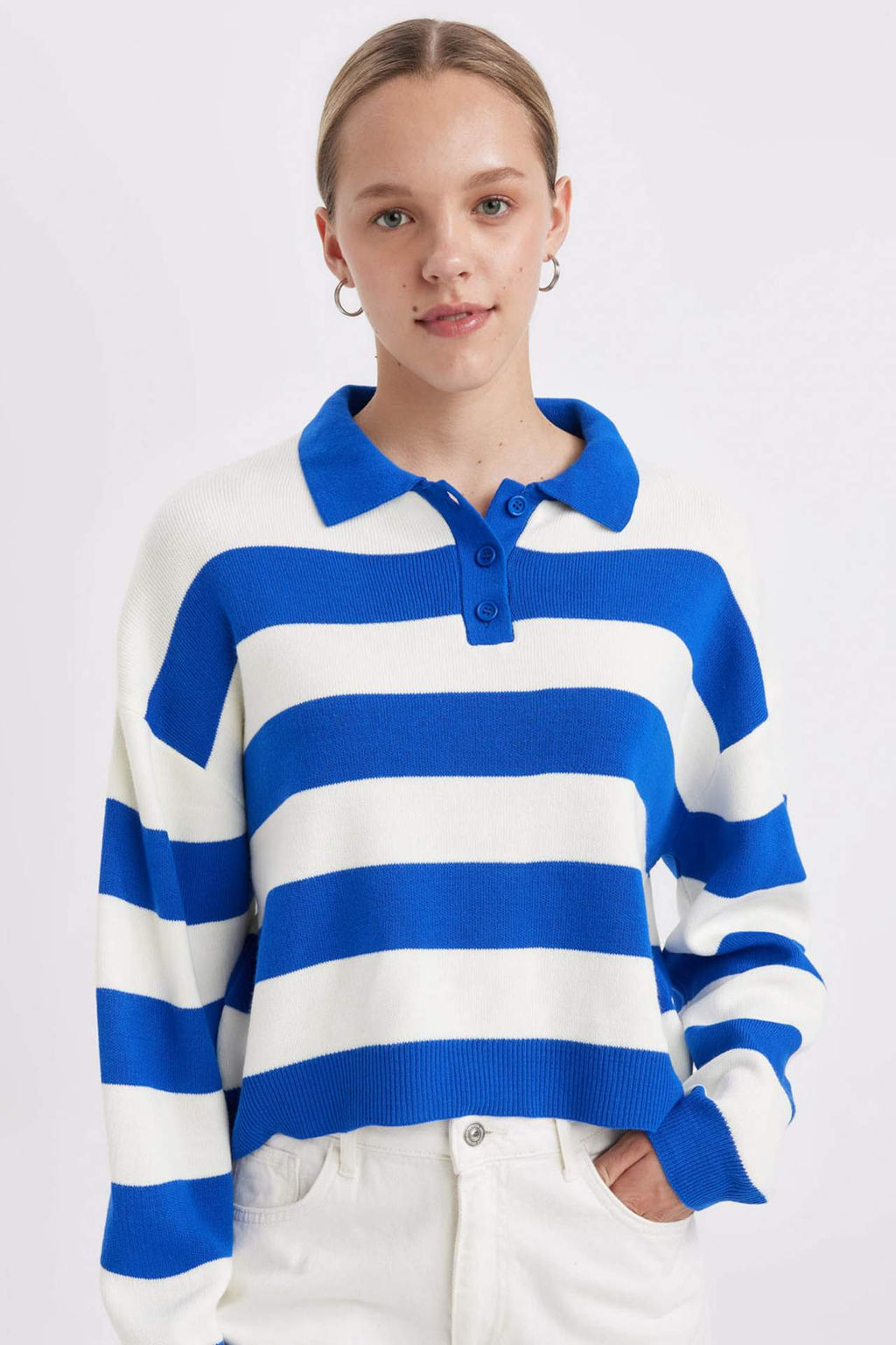 Regular Fit Dugmeli Cizgili Polo Yaka Triko Kazak - Defacto фото 2