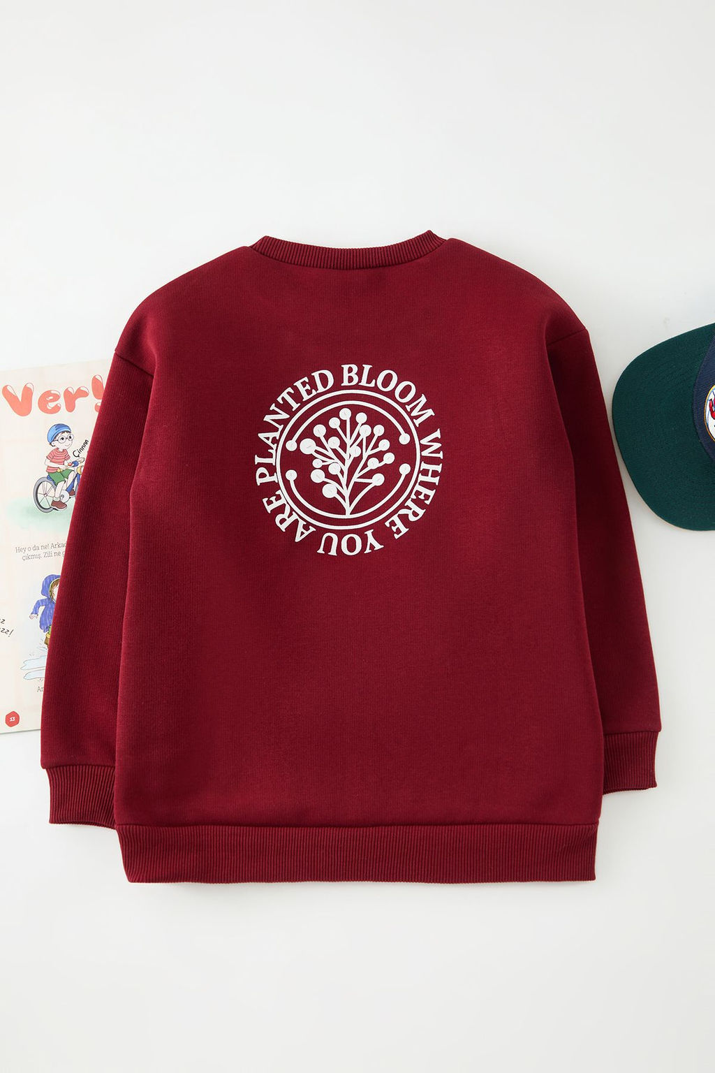 Bordo S?rt Bask?l? Erkek Cocuk Duz Orme Mini Me Sweatshirt TKDAW25SW00115